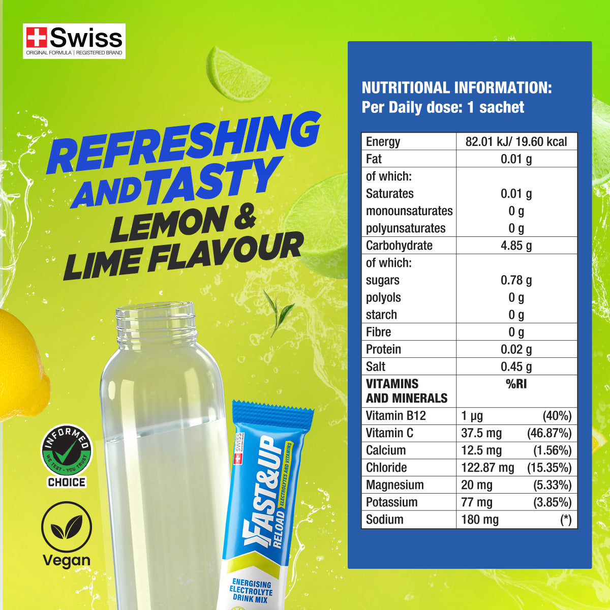 Fast&Up Reload - Instant Electrolyte & Hydration Drink Mix - Lime & Lemon