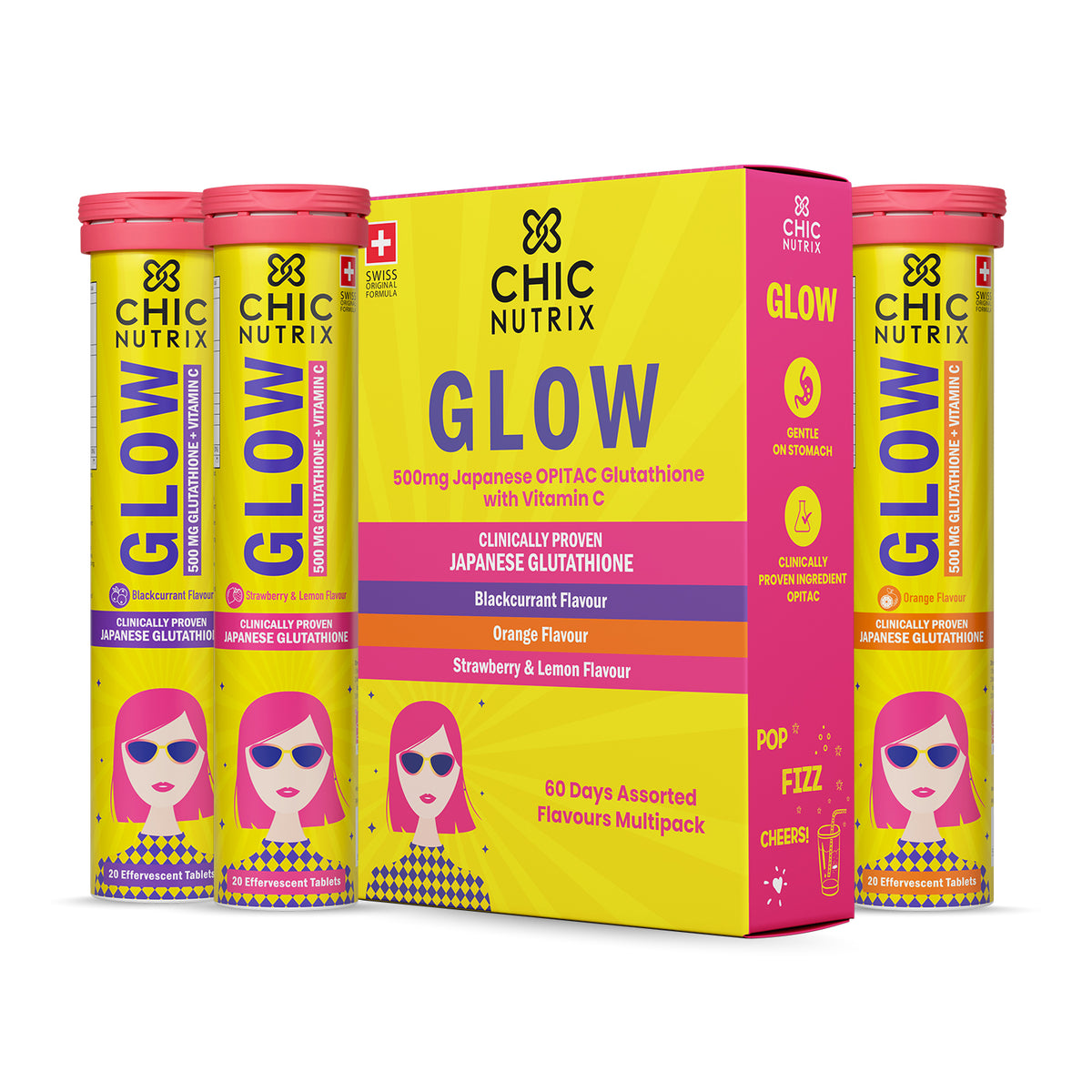 Glow Glutathione Tablets for Skin Brightening – Assorted Flavour Pack (Strawberry Lemon + Orange + Blackcurrant), Pack of 3