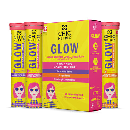 Glow Glutathione Tablets for Skin Brightening – Assorted Flavour Pack (Strawberry Lemon + Orange + Blackcurrant), Pack of 3