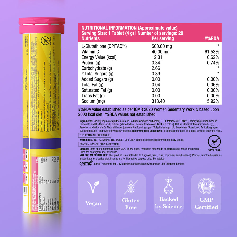 Glow Glutathione Tablets for Skin Brightening – Blackcurrant Flavour, Pack of 1