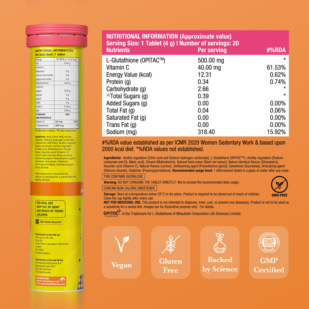 Glow Glutathione Tablets for Skin Brightening – Orange Flavour, Pack of 1